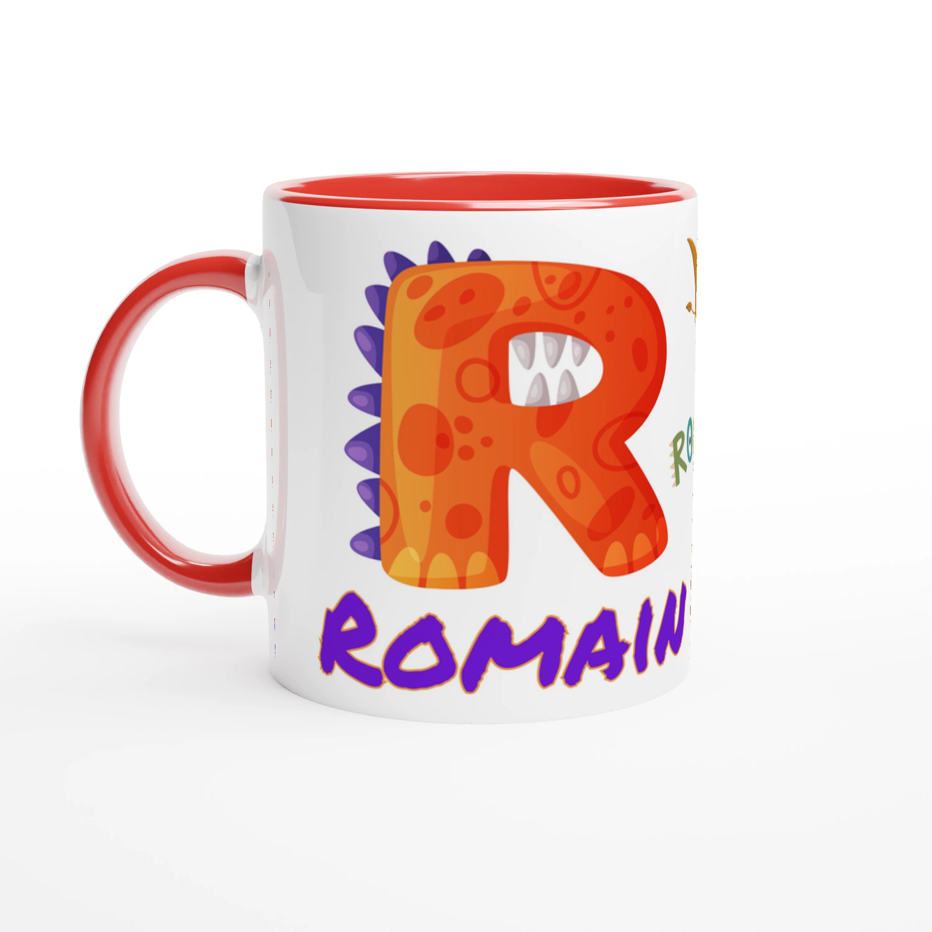 Mug personnalisé intérieur rouge avec motif dinosaure et prénom, parfait pour un cadeau d'enfant