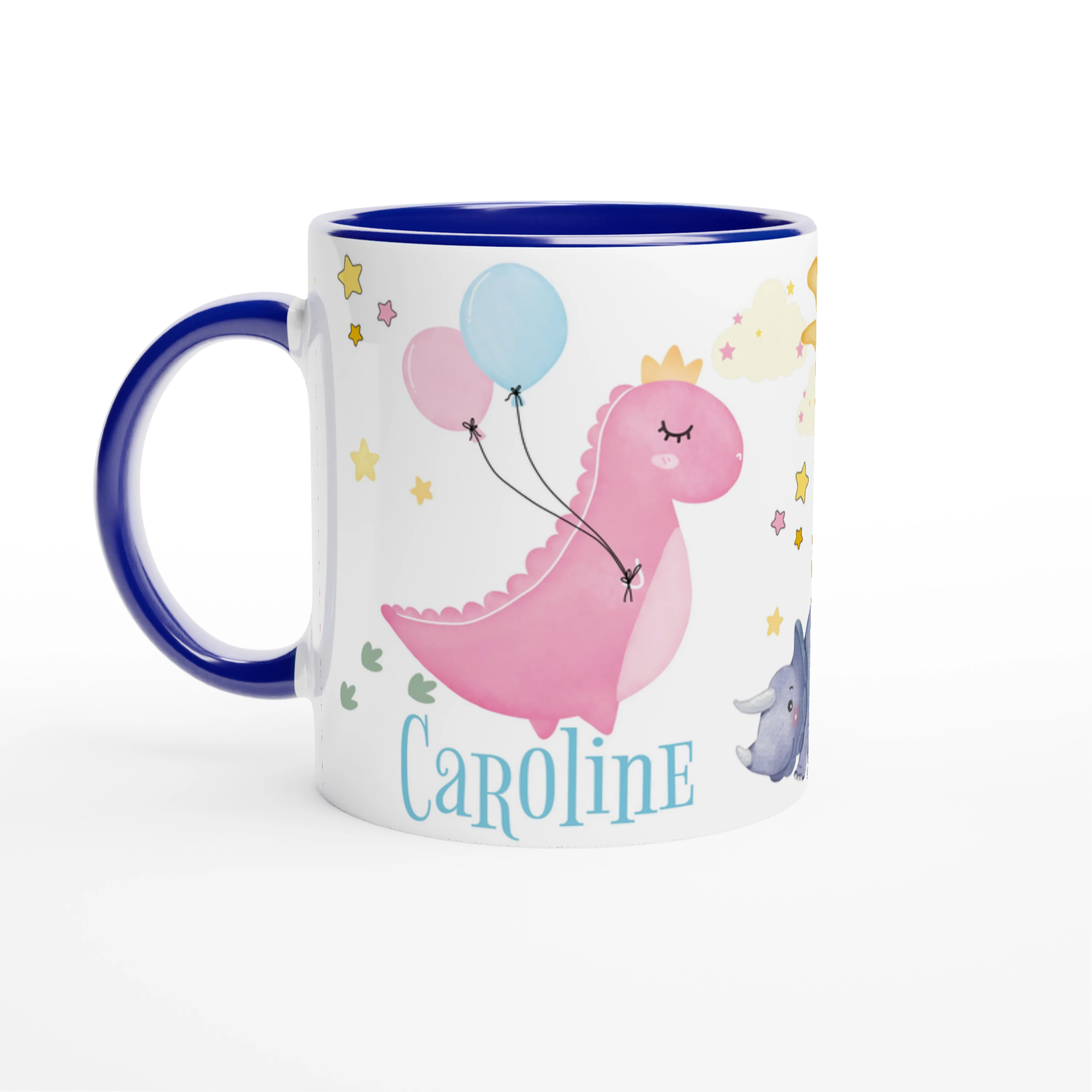 Mug personnalisé avec motif dinosaure et ballons, intérieur bleu, idéal pour un cadeau original pour enfant.