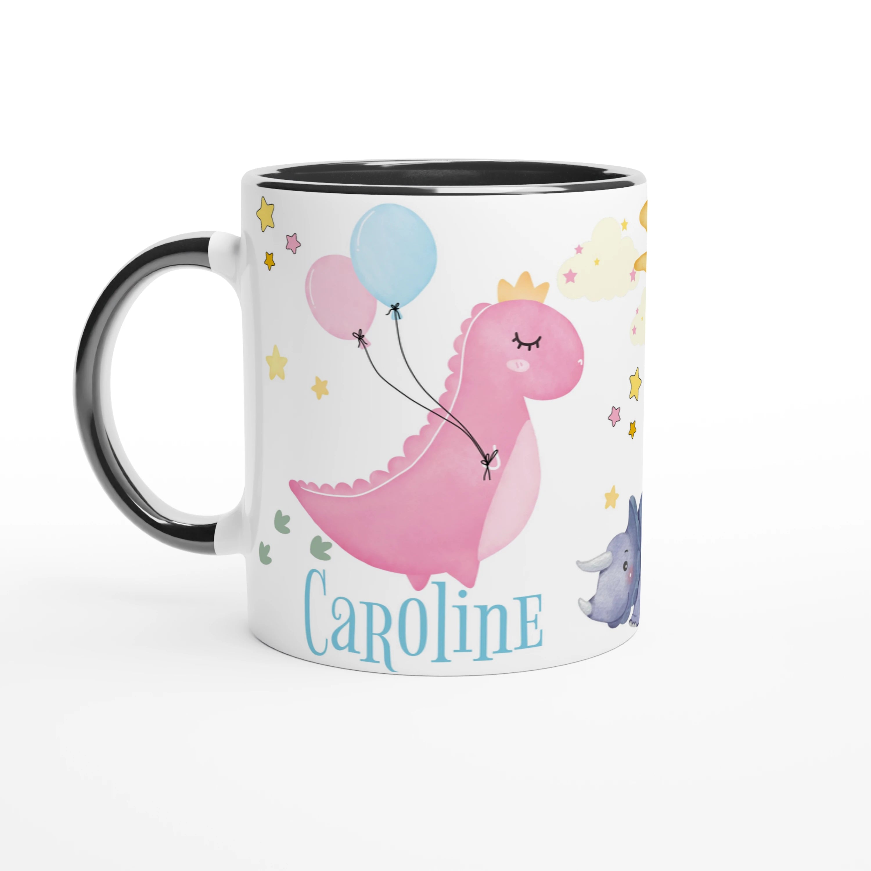 Mug dinosaure avec prénom personnalisé et ballons, intérieur noir, cadeau amusant et unique pour enfant.