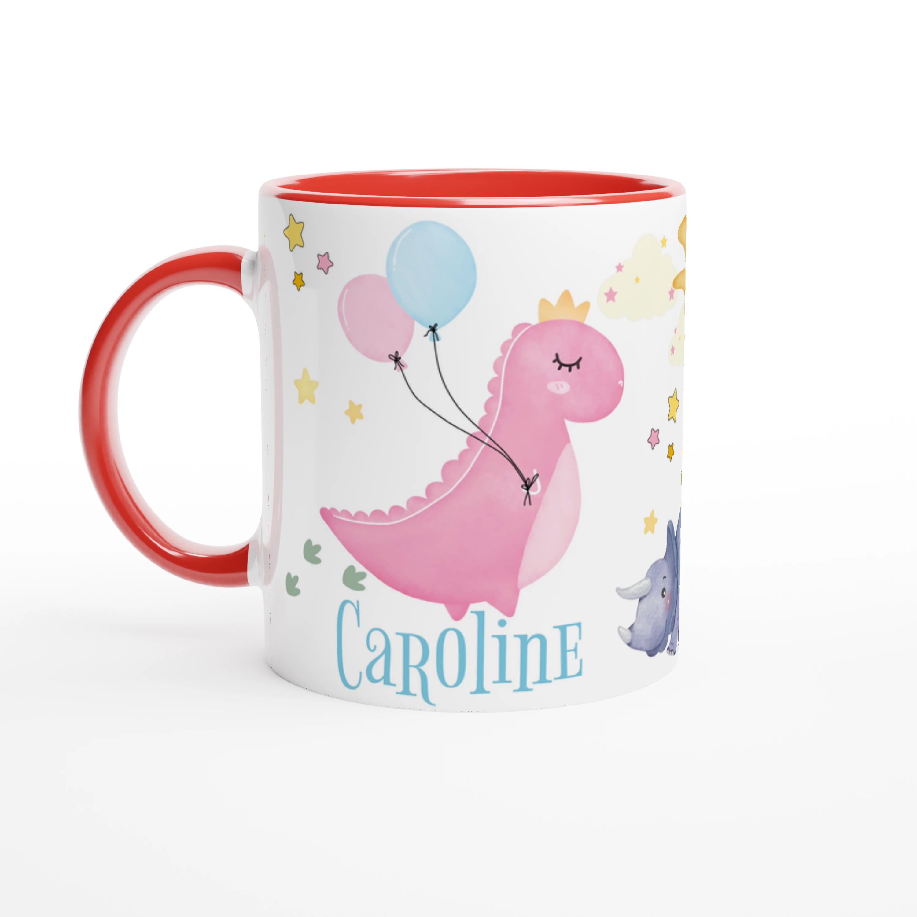 Mug dinosaure personnalisé avec prénom et ballons, intérieur rouge, idéal pour un cadeau adorable.