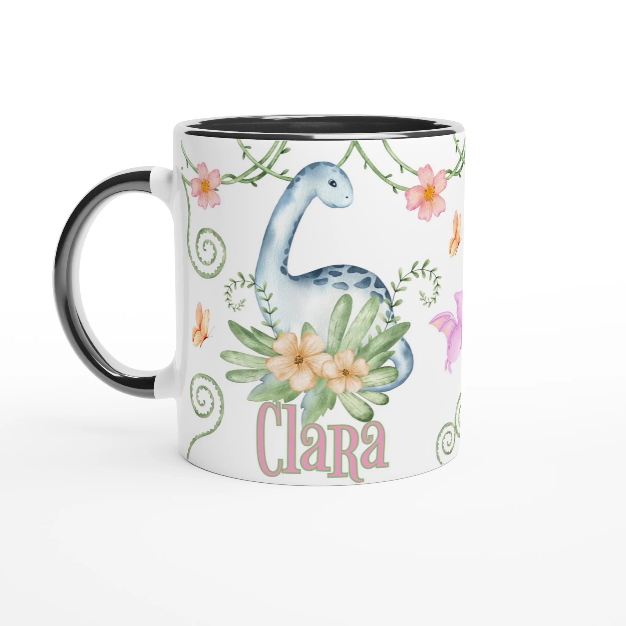 Mug dinosaure floral personnalisé avec prénom, intérieur noir, design doux et fleuri, parfait pour les enfants.