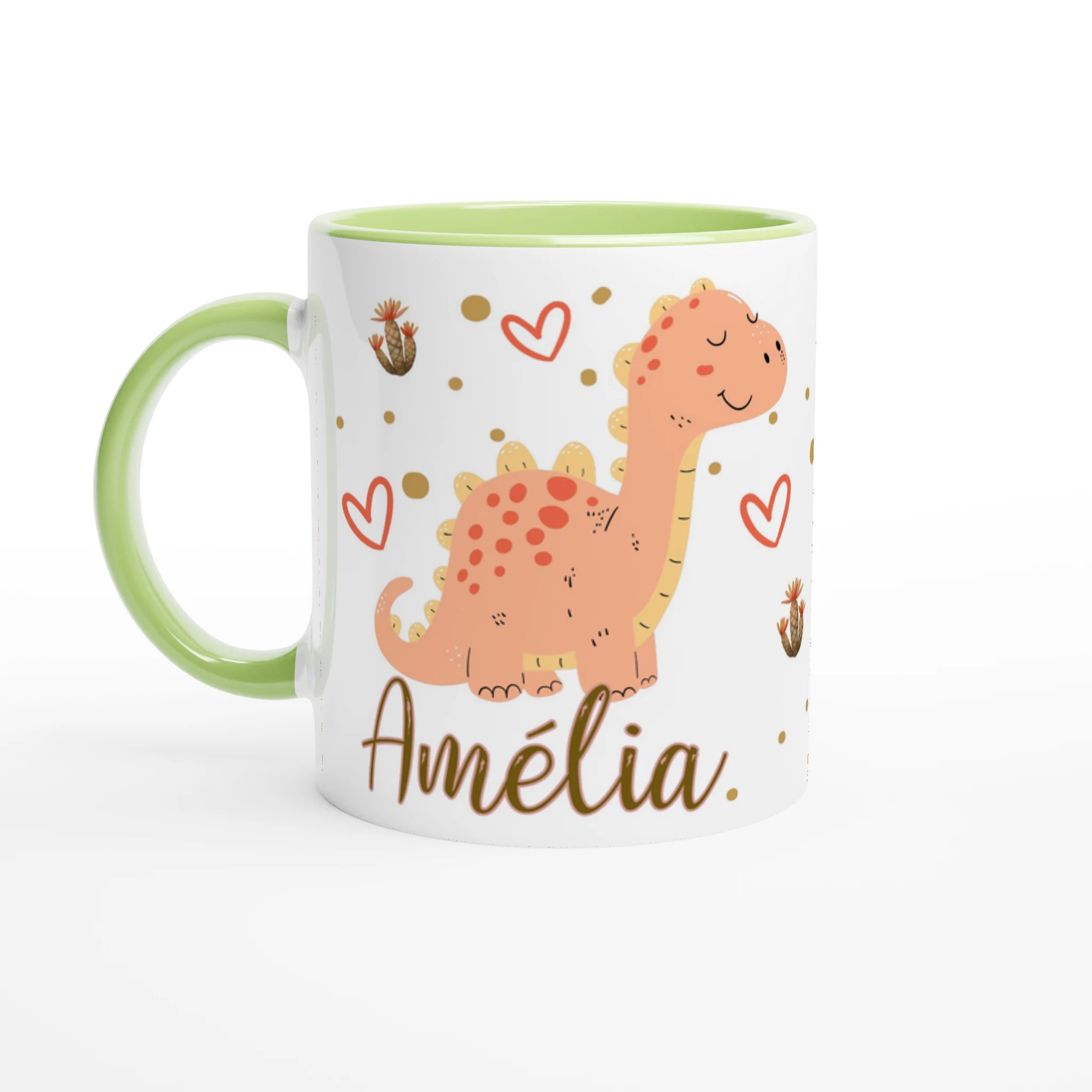 Mug dinosaure personnalisé avec prénom, intérieur vert, design doux avec petits cœurs et cactus, parfait pour les enfants.