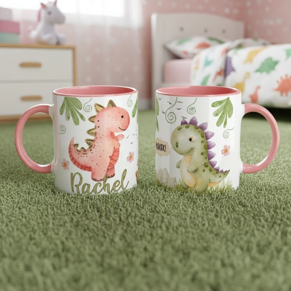 Mug enfant illustré de dinosaures posé sur sol vert dans une chambre enfant décorée