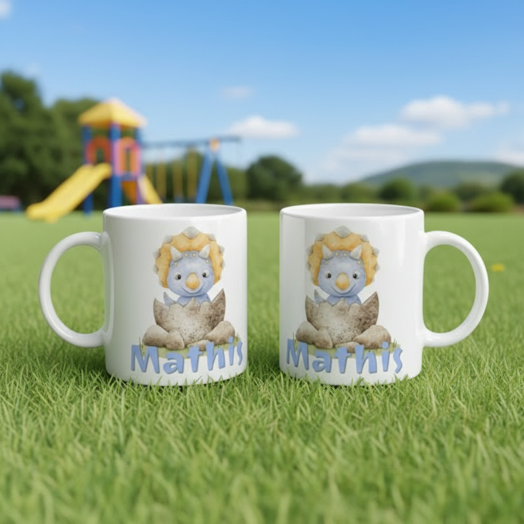 mugs enfants en céramique avec illustration de dinosaure posés sur l’herbe