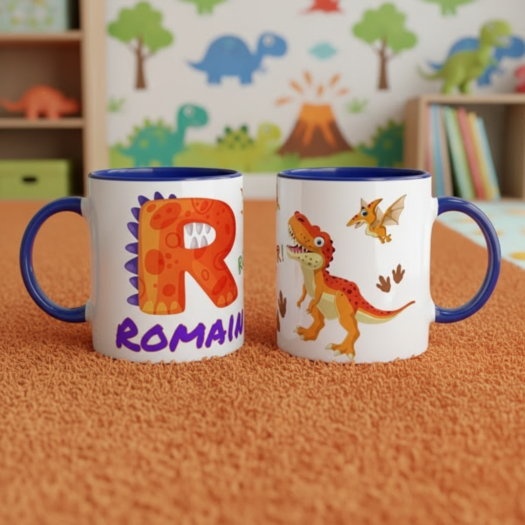Mug enfant à motif dinosaure avec lettre illustrée et scène préhistorique colorée, posé sur tapis dans une chambre enfant, parfait pour petit-déjeuner ou goûter