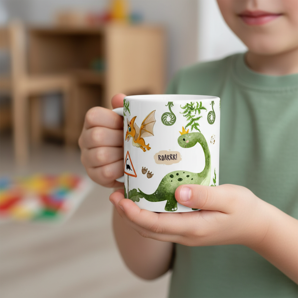 Enfant tenant un mug personnalisé avec illustration de dinosaure coloré
