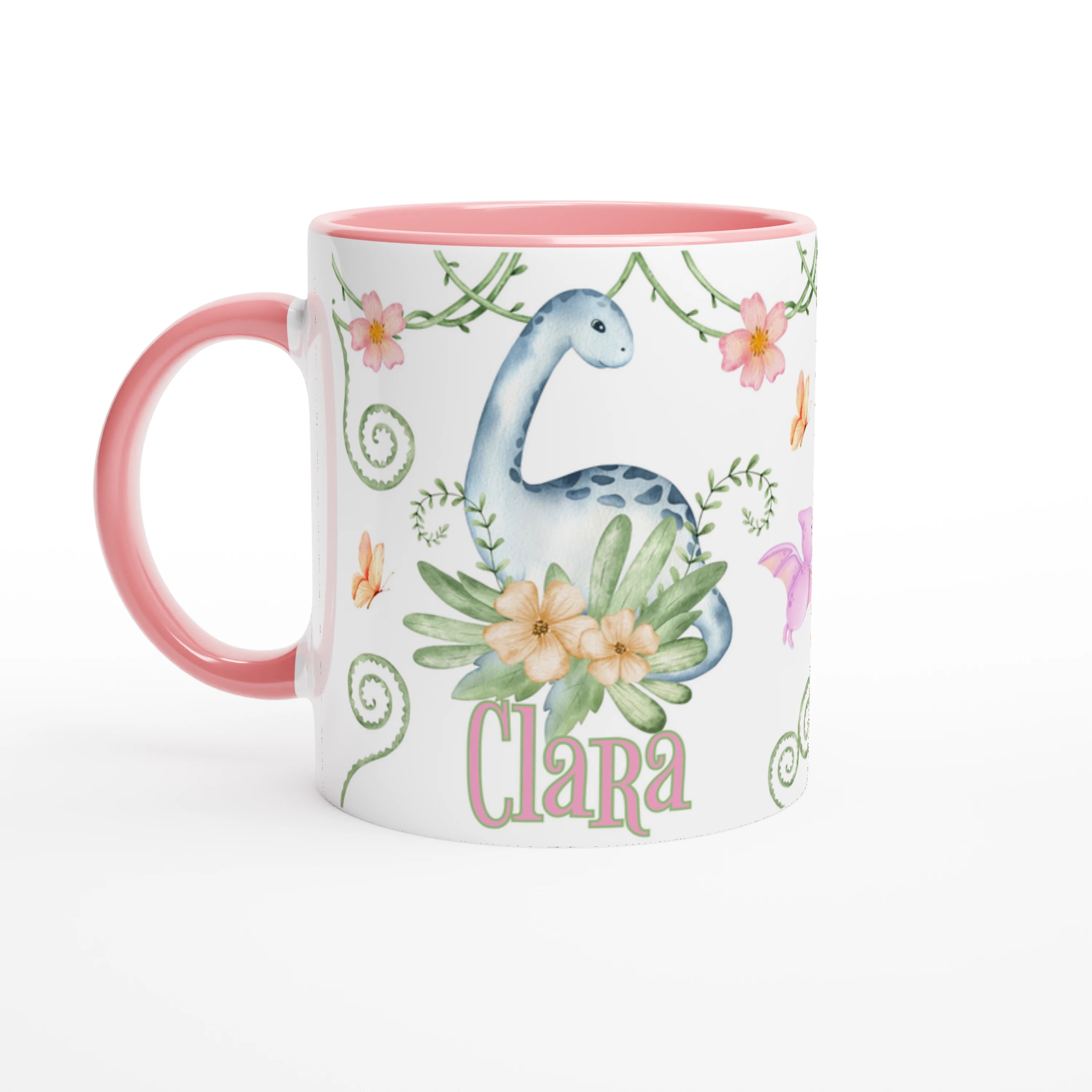 Mug personnalisé avec prénom et motif dinosaure floral, intérieur rose, idéal pour une touche de douceur.