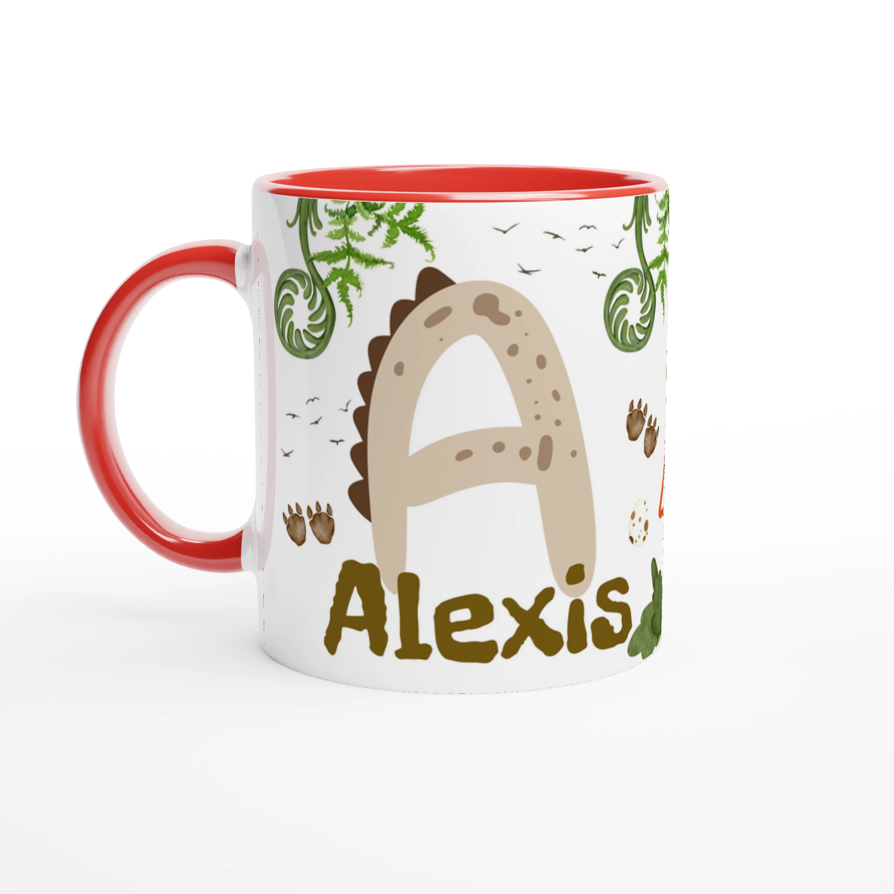 Mug dinosaure avec initiale et prénom personnalisé, intérieur rouge, parfait pour un cadeau unique