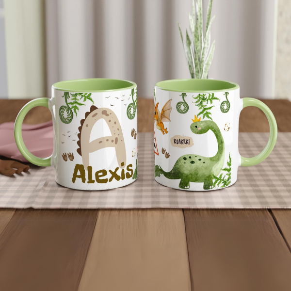 Mug avec initiale, prénom et motif dinosaure, intérieur vert, parfait pour un enfant fan de dinosaures