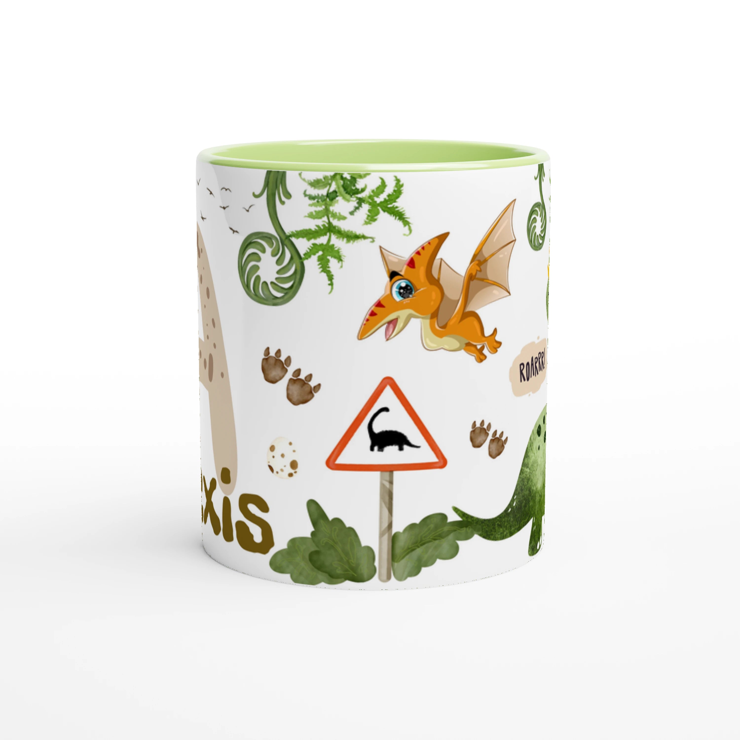Mug avec initiale, prénom et motif dinosaure, intérieur vert, parfait pour un enfant fan de dinosaures