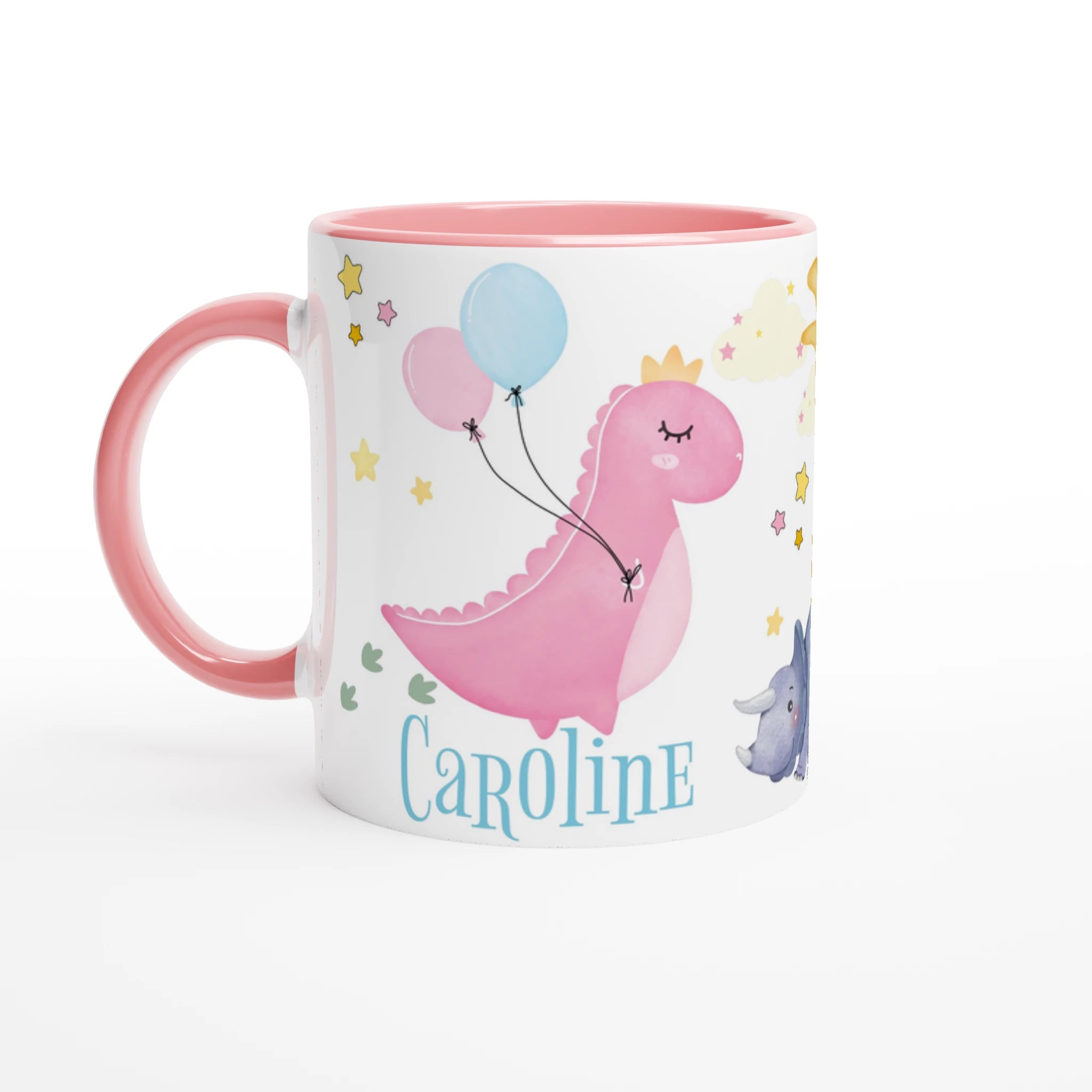 Mug dinosaure avec ballons et prénom personnalisé, intérieur rose, parfait comme cadeau mignon pour enfant.
