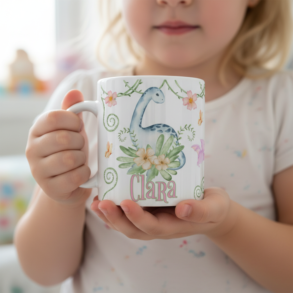 Mug dinosaure personnalisé pour enfant tenu par un enfant