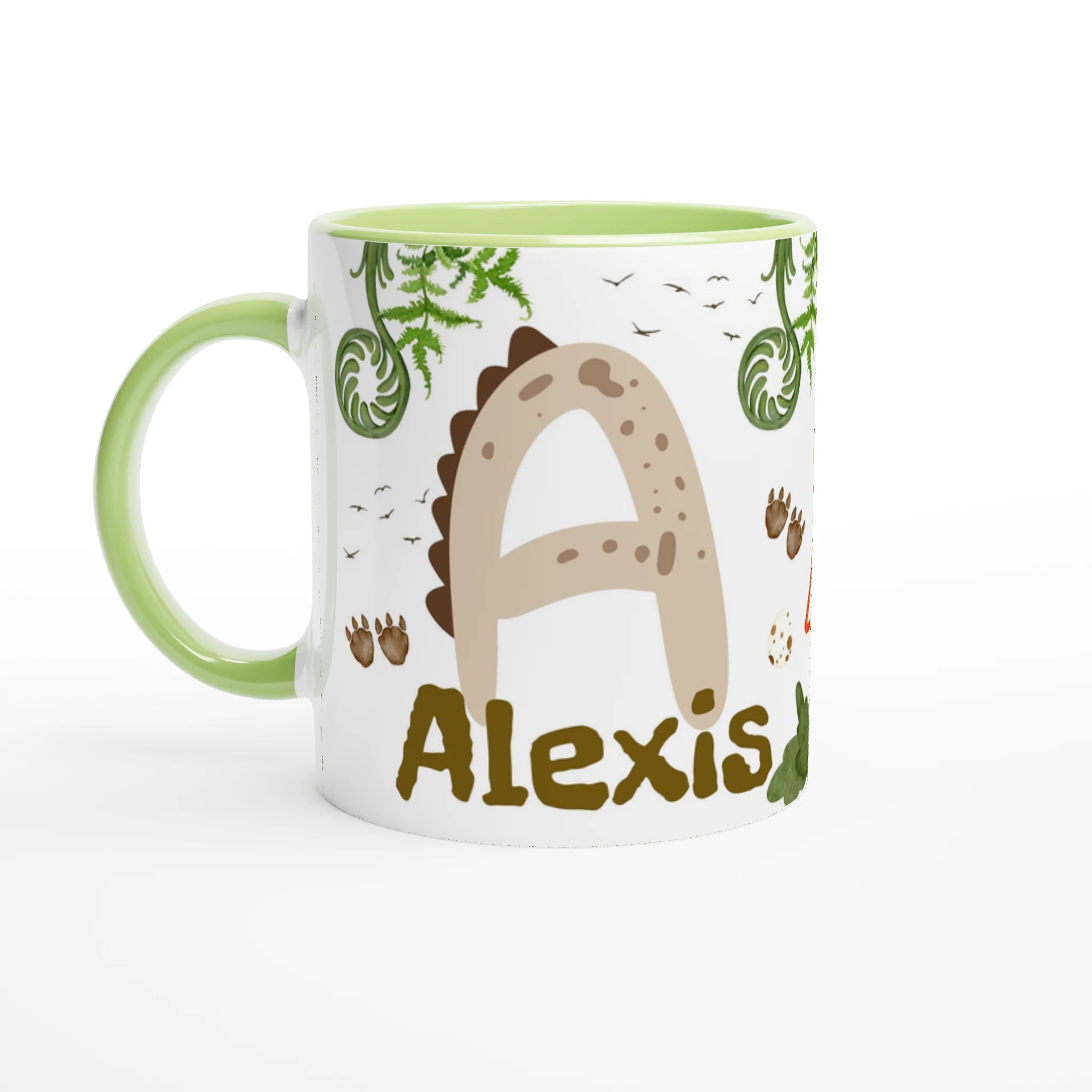 Mug avec initiale, prénom et motif dinosaure, intérieur vert, parfait pour un enfant fan de dinosaures