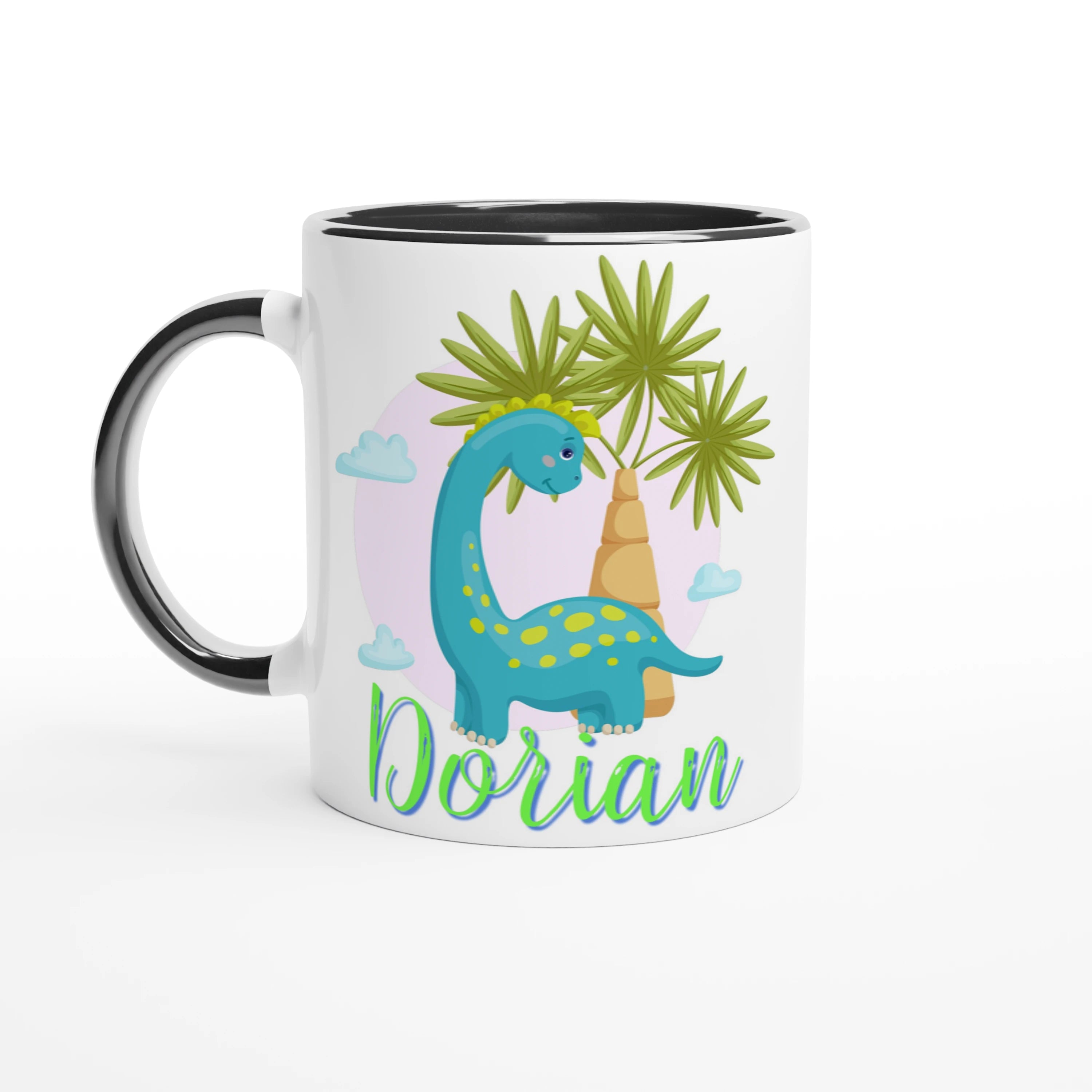 Mug personnalisé avec dinosaure et prénom, intérieur noir, cadeau parfait pour enfant ou fan de dinosaures.