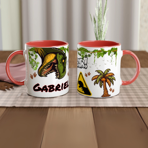 Mug dinosaure avec prénom Gabriel, intérieur rouge, un cadeau unique et amusant pour les fans de dinosaures.