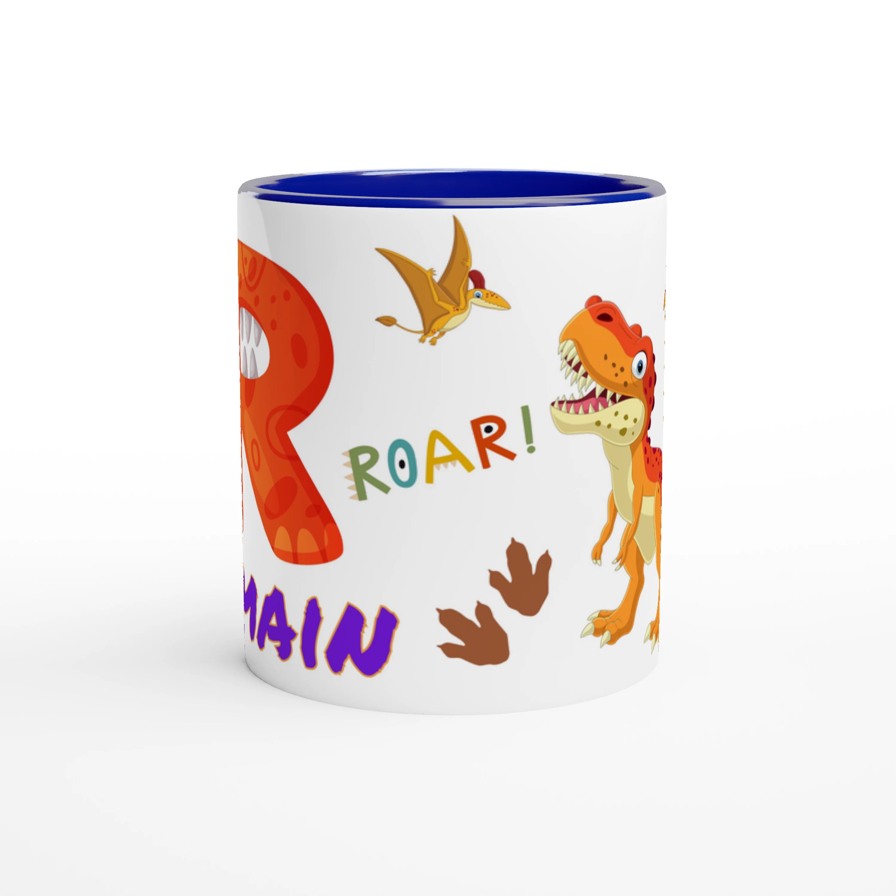 Mug personnalisé pour enfant avec motif dinosaure et prénom brodé, idéal pour les fans de dinosaures, disponible avec un intérieur bleu