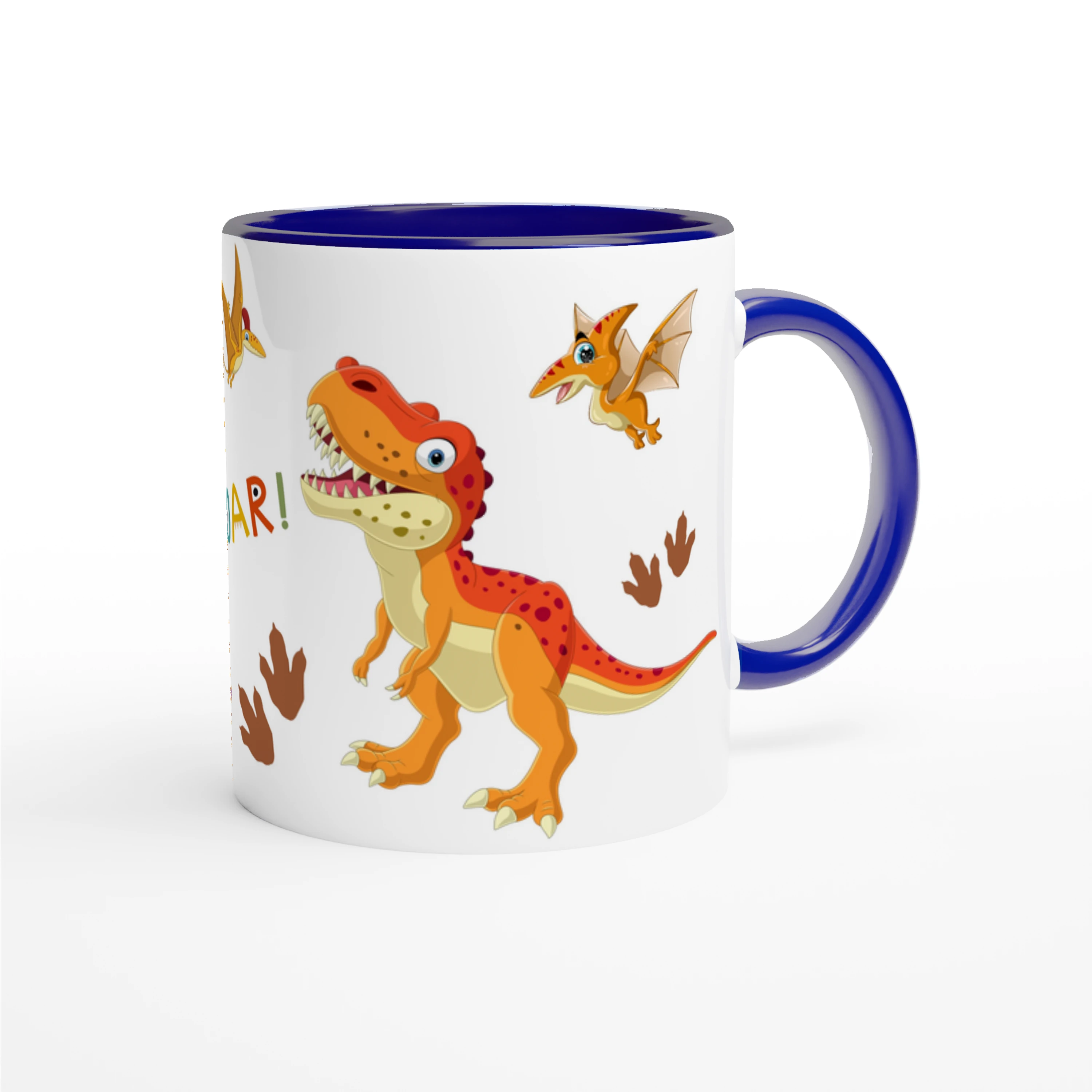 Mug personnalisé pour enfant avec motif dinosaure et prénom brodé, idéal pour les fans de dinosaures, disponible avec un intérieur bleu