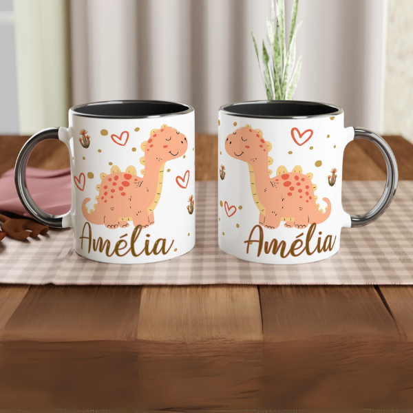 Mug dinosaure personnalisé avec intérieur noir, parfait comme cadeau original pour enfant.