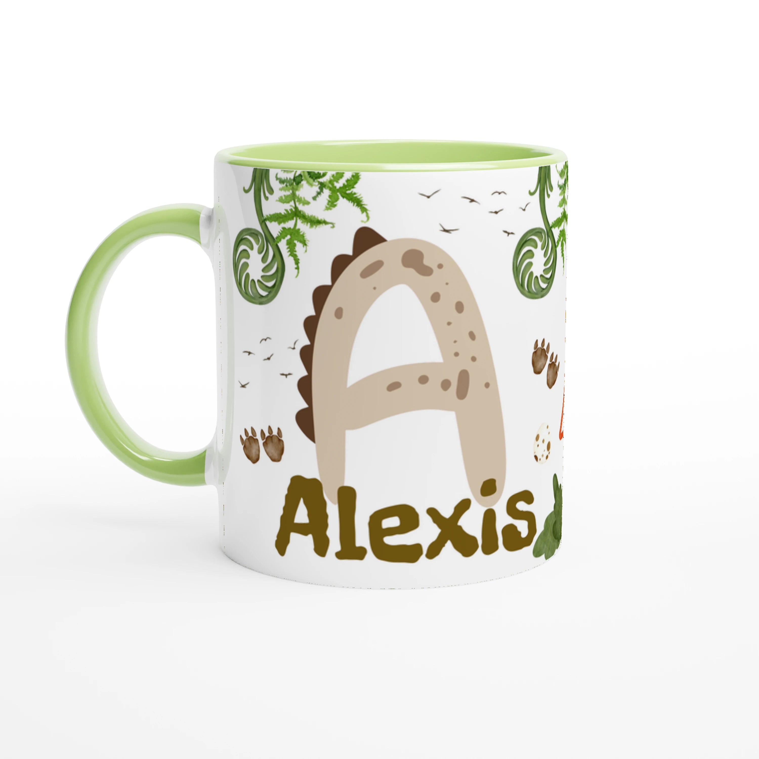 Mug prénom et motif dinosaure, intérieur vert, parfait pour un enfant fan de dinosaures.