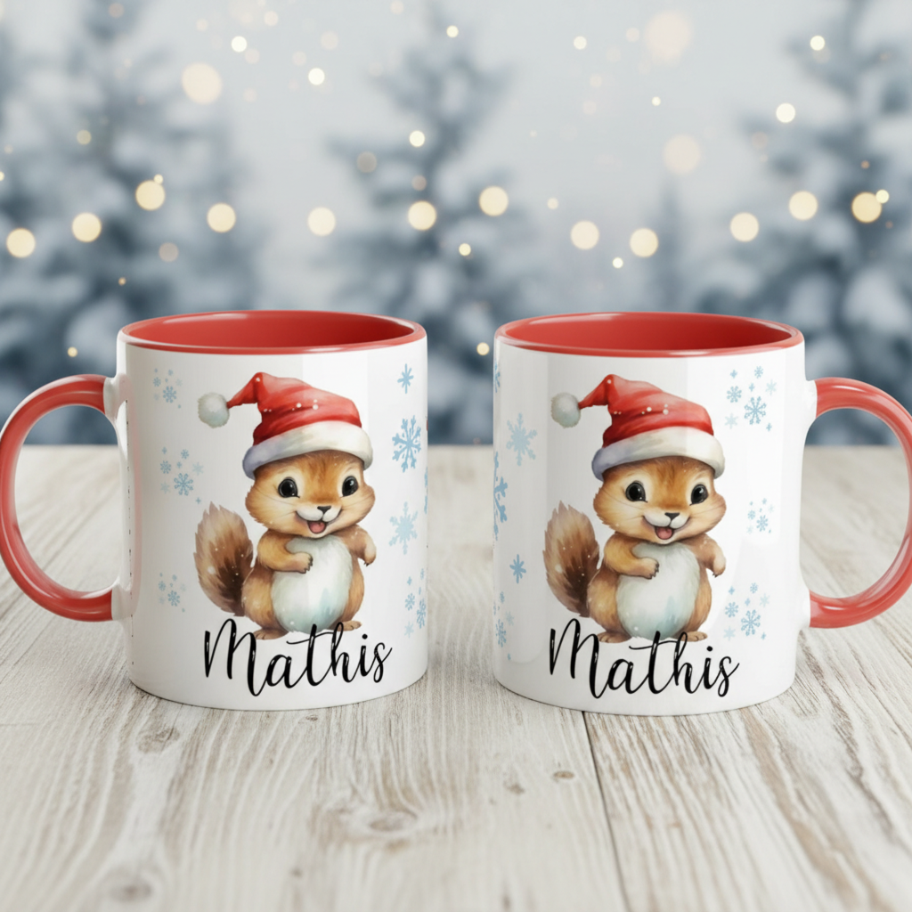 Mug enfant Noël illustré avec animal et bonnet de fête, cadeau enfant hiver
