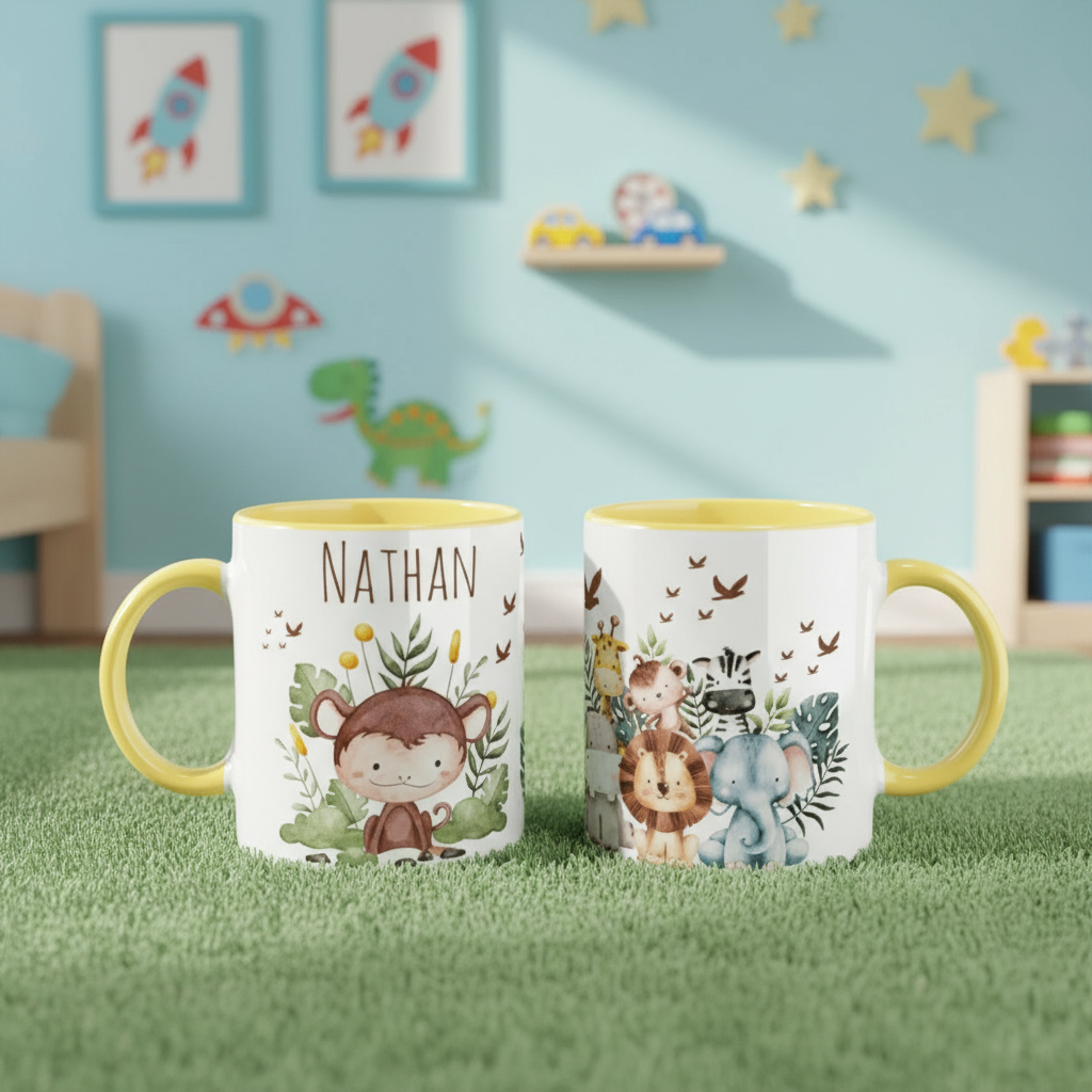 Mug enfant personnalisé animaux jaune vu de face et dos, cadeau enfant original