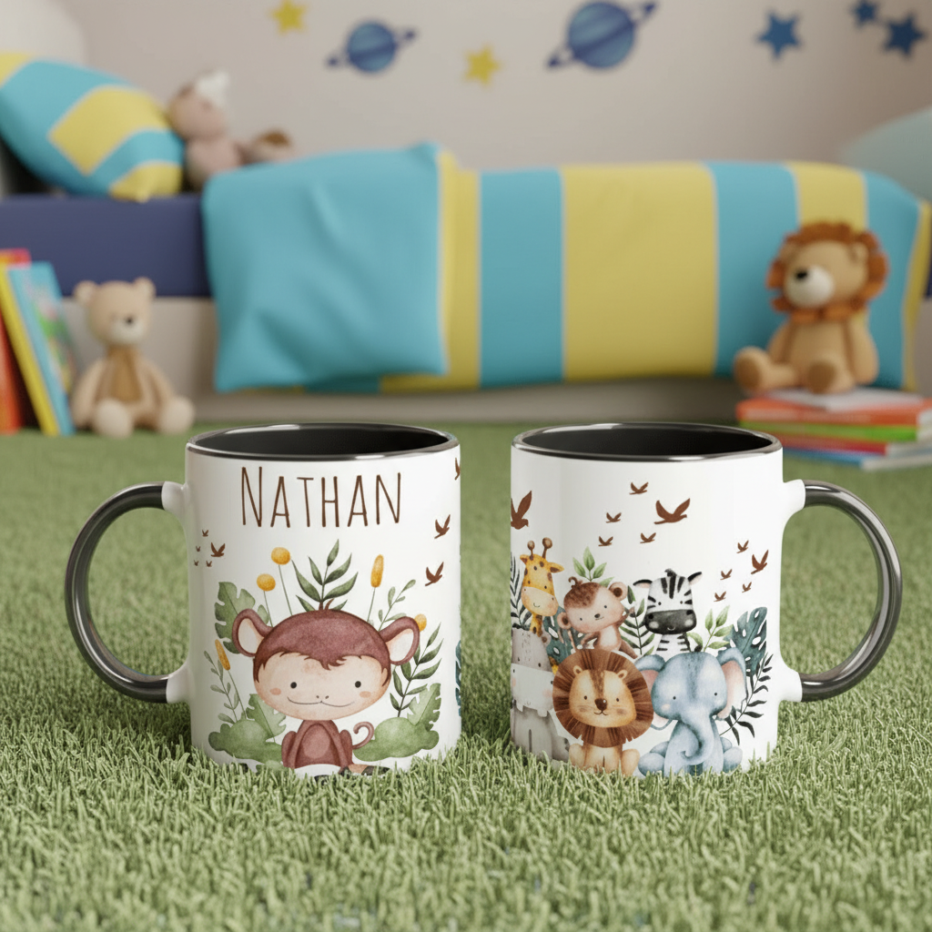 Mug enfant personnalisé animaux avec anse noire, idée cadeau enfant durable