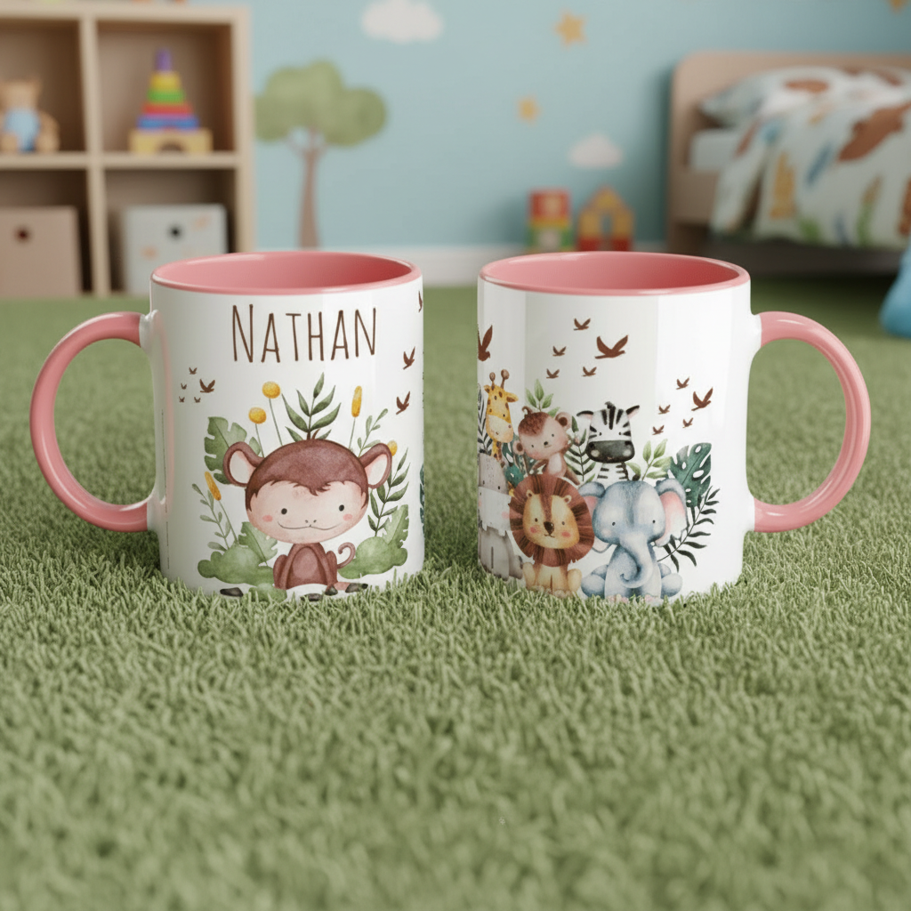 Mug enfant personnalisé animaux rose, cadeau enfant personnalisé pour anniversaire