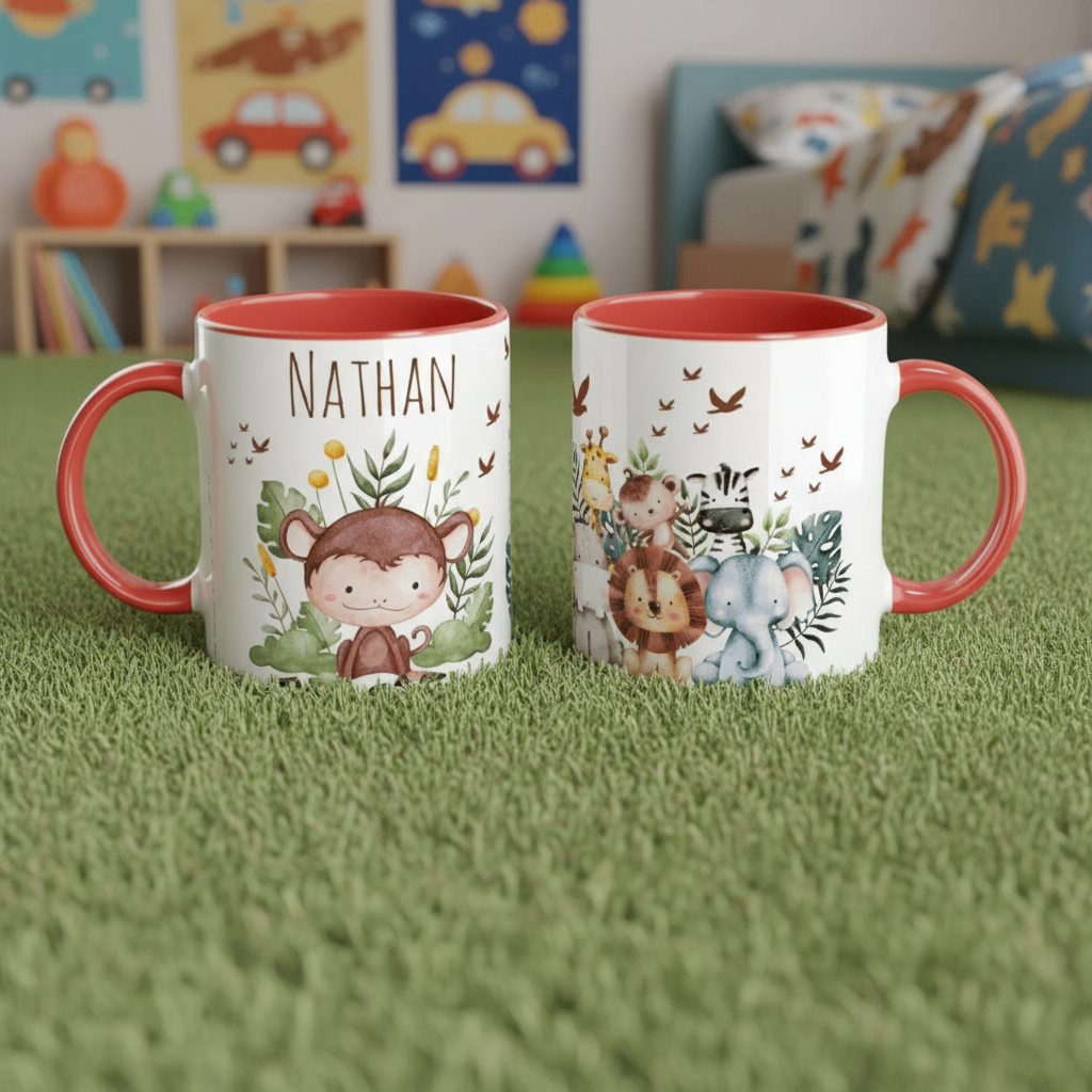 Mug enfant personnalisé animaux rouge, idée cadeau enfant originale