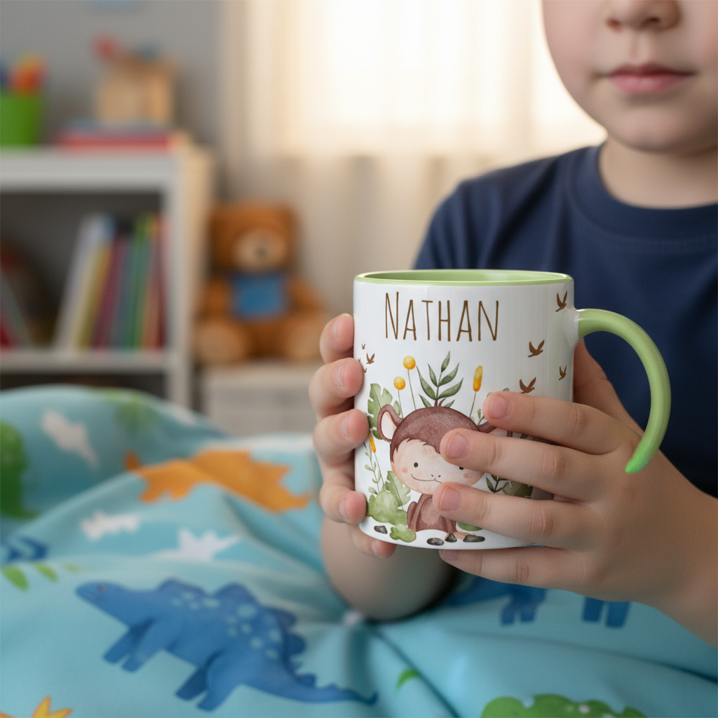 Mug enfant personnalisé animaux tenu par un enfant, idée cadeau enfant pratique