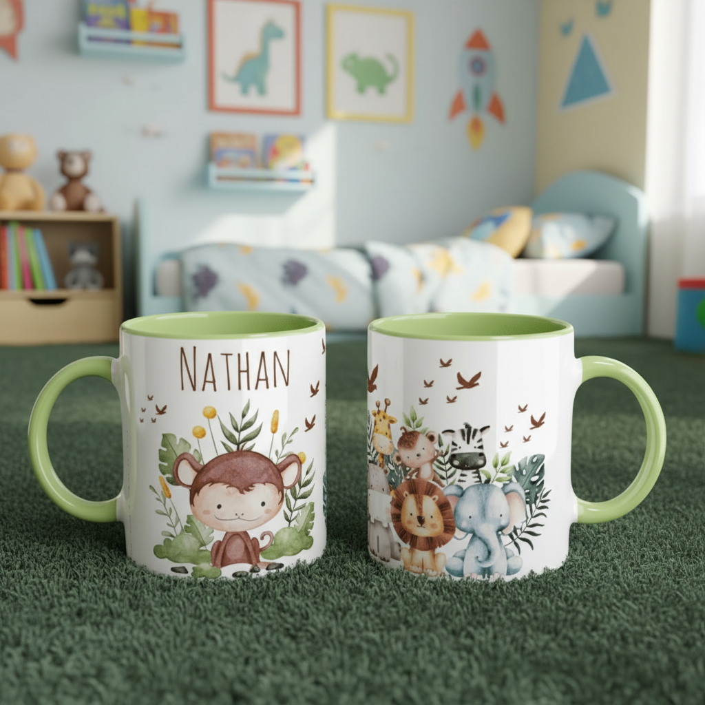 Mug enfant personnalisé animaux vert, tasse enfant à thème savane