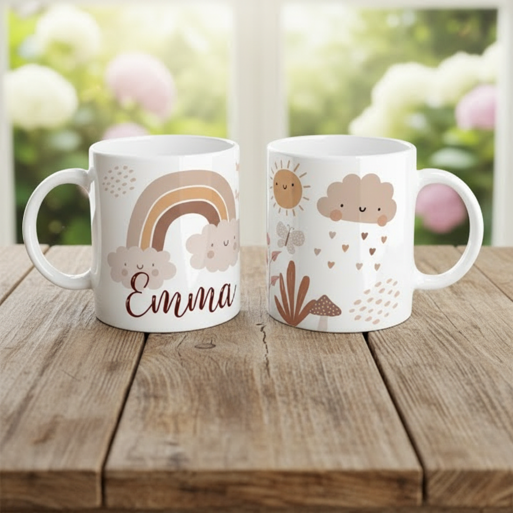 Mug enfant personnalisé avec arc-en-ciel posé sur une table dans une chambre lumineuse