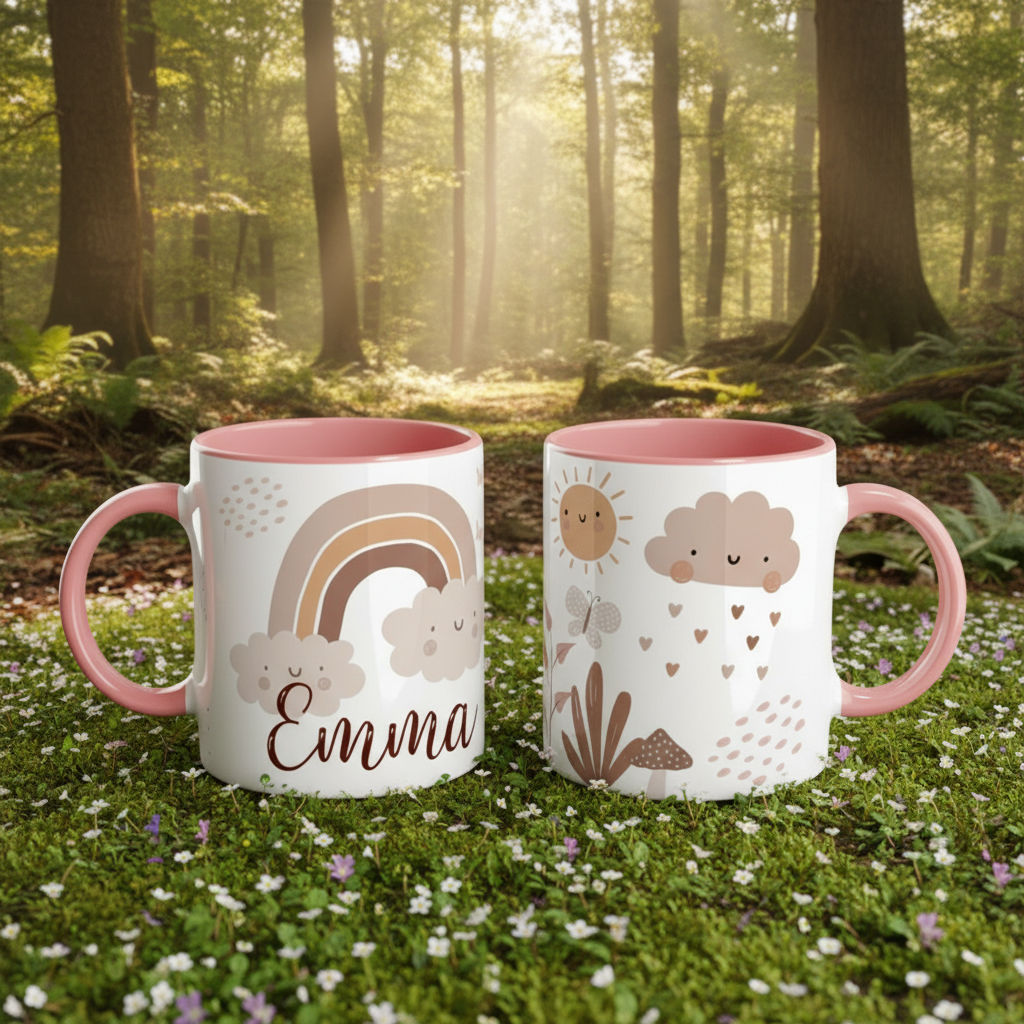 Mug enfant personnalisé avec illustration arc-en-ciel dans un décor de forêt naturelle