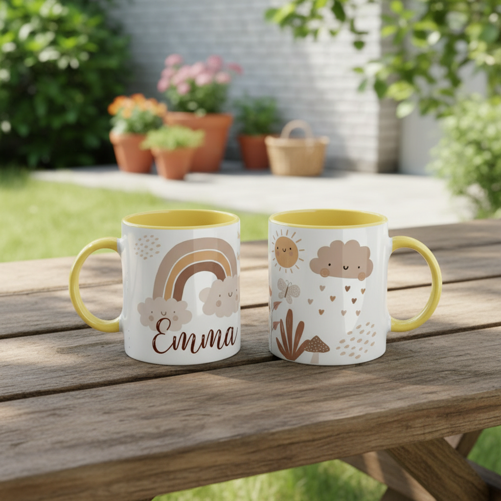 Mug personnalisé pour enfant avec motif arc-en-ciel posé sur table de jardin