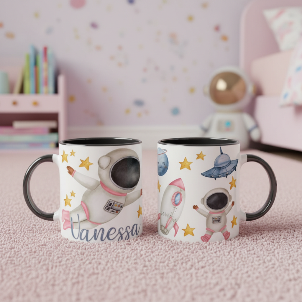 Mug enfant personnalisé espace avec illustrations astronaute et soucoupe volante
