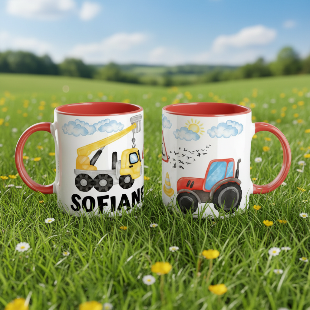 Mug enfant personnalisé avec illustration de grue de chantier en extérieur