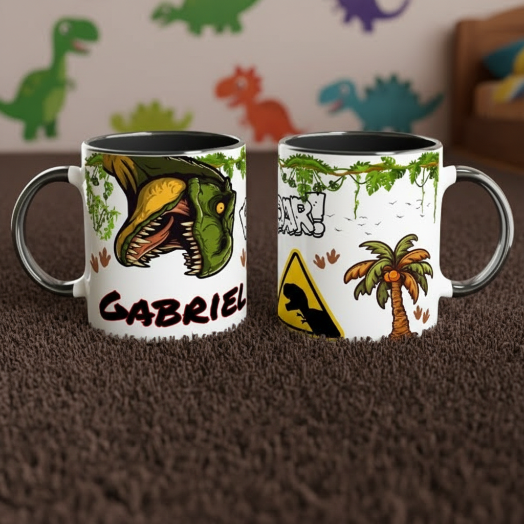 Mug enfant dinosaure avec illustration jungle et anse noire posé sur tapis dans une chambre enfant