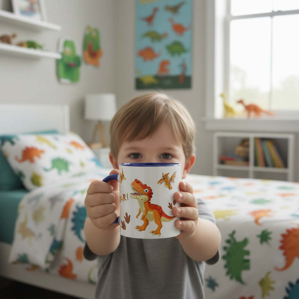 Mug enfant personnalisé avec illustration de dinosaure coloré, tenu par un enfant dans une chambre décorée sur le thème des dinosaures, idéal comme cadeau enfant ludique et éducatif.