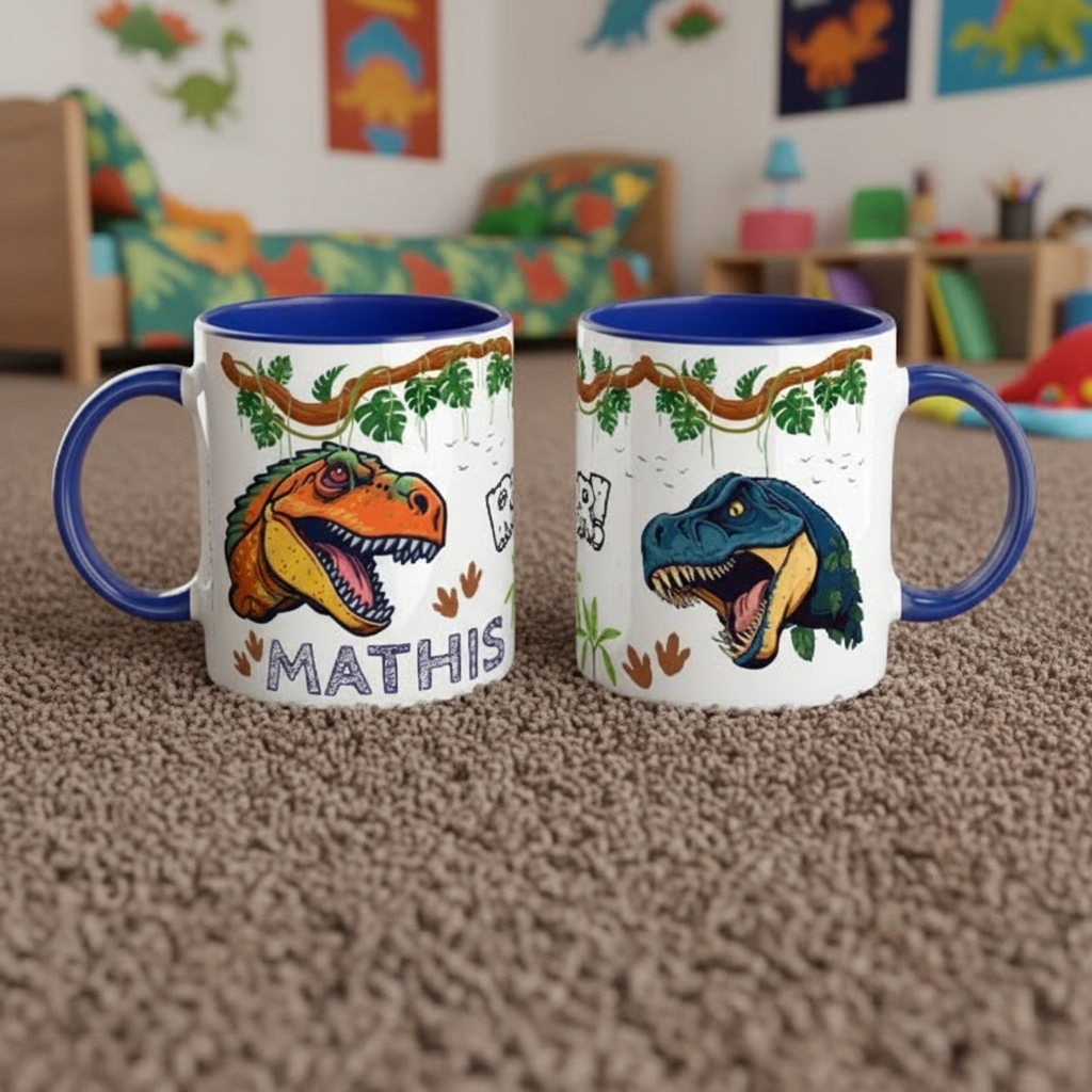 Mug enfant dinosaure personnalisé en céramique avec illustration préhistorique colorée pour cadeau enfant