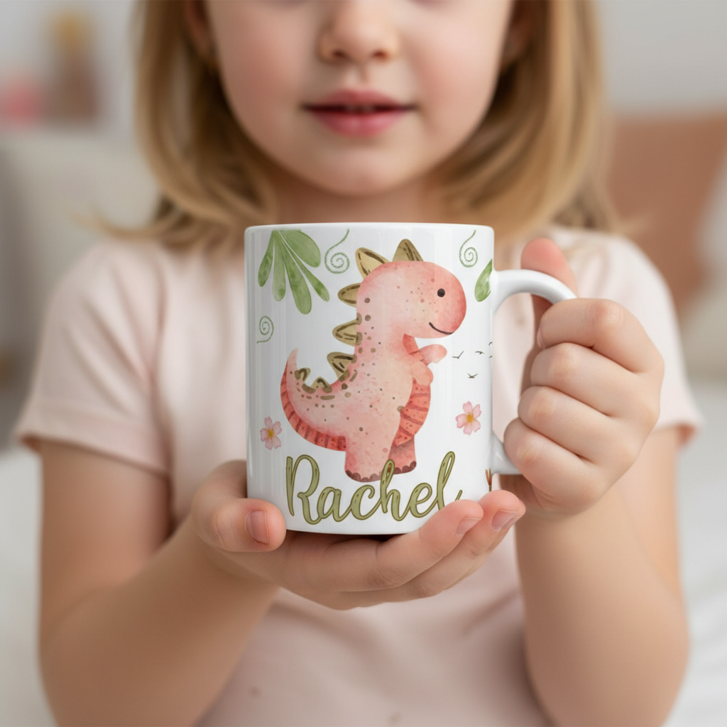 mug enfant personnalisé avec illustration dinosaure tenu par un enfant