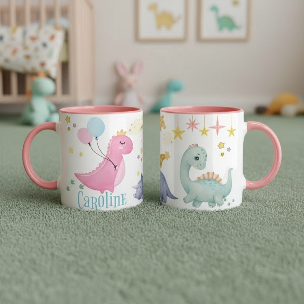 mug enfant personnalisé avec illustration dinosaure et design pastel