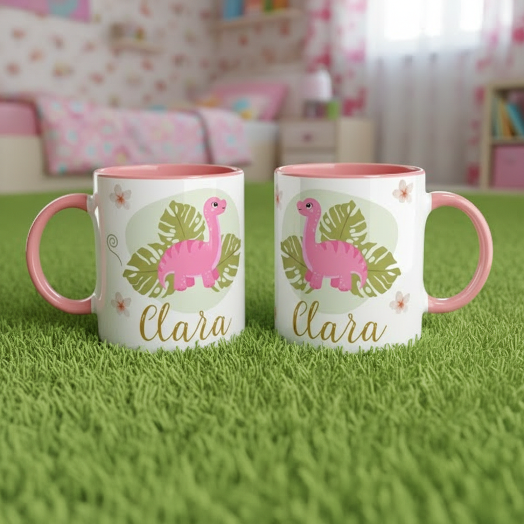 mug enfant illustré dinosaure utilisé pour boisson chaude dans un salon familial