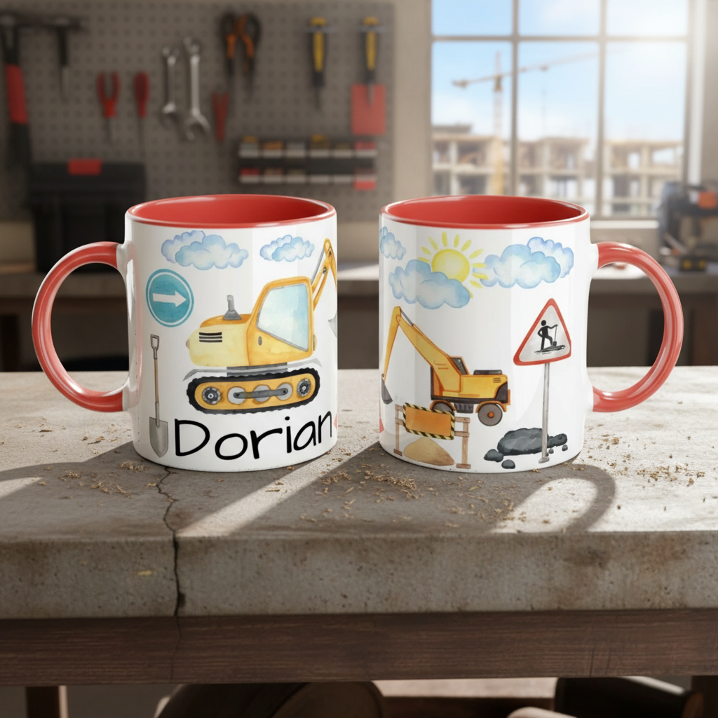 mug enfant illustré avec pelleteuse et engins de chantier sur table