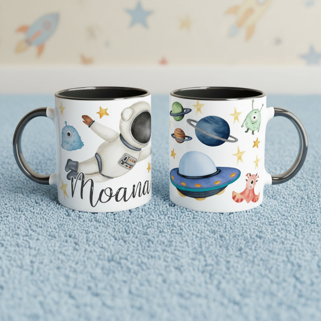 Mug enfant astronaute personnalisé avec illustrations planètes et extraterrestres