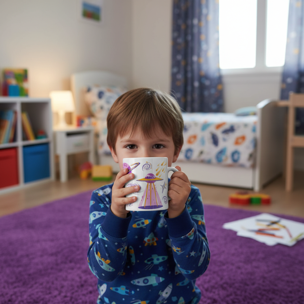 Mug enfant personnalisé thème espace tenu par un enfant dans une chambre décorée univers spatial