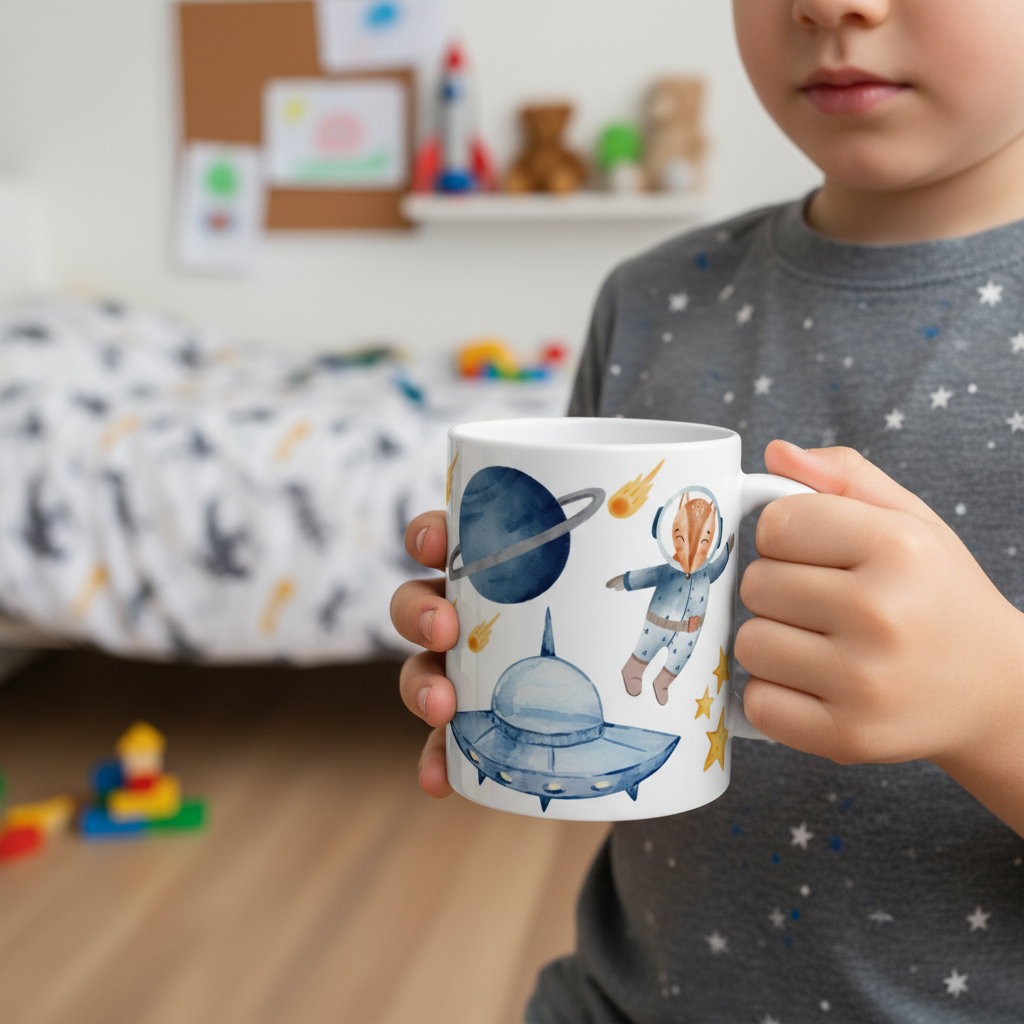 mug enfant personnalisé avec illustration espace tenu par un enfant dans une chambre