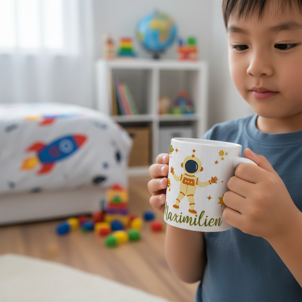Mug enfant personnalisé thème espace avec illustration astronaute utilisé par un enfant dans une chambre