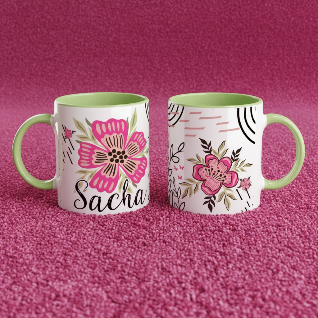 Mug enfant personnalisé décor fleurs bohème avec poignée verte, présentation recto verso
