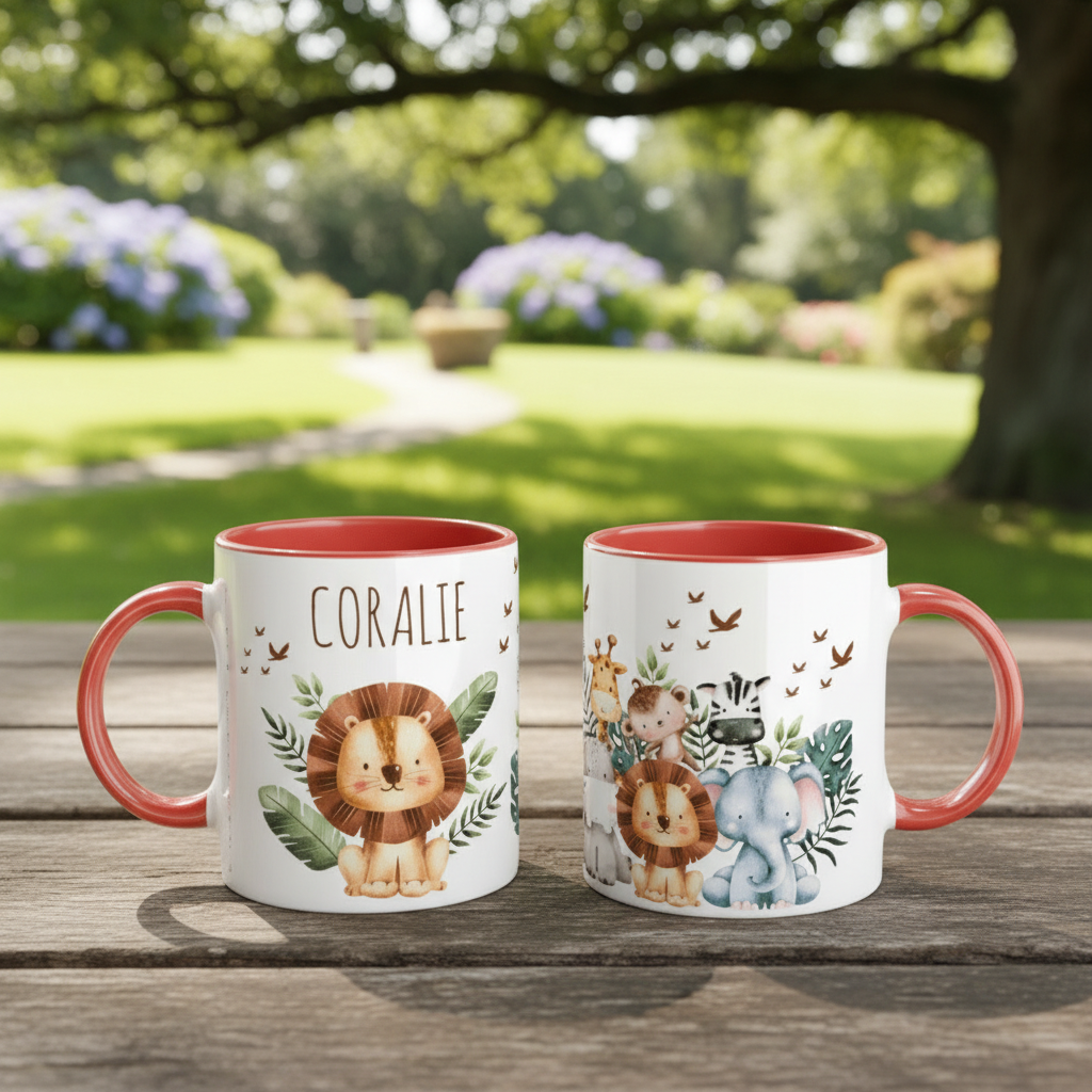 Mug enfant personnalisé animaux jungle avec lion éléphant girafe et zèbre, idée cadeau anniversaire enfant.