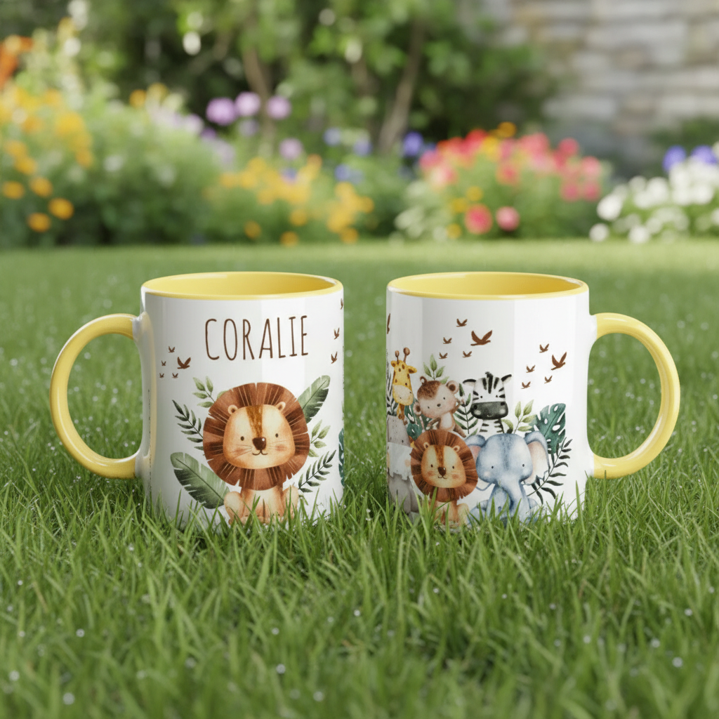 Mug enfant personnalisé animaux jungle avec anse jaune posé sur l'herbe, idée cadeau anniversaire enfant.