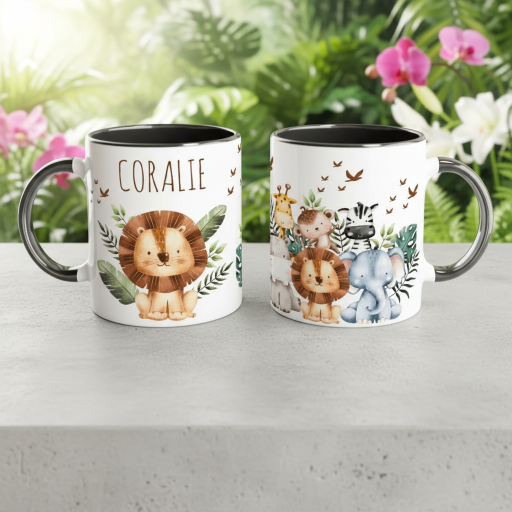 Mug enfant personnalisé jungle avec anse noire sur table, idée cadeau baptême.